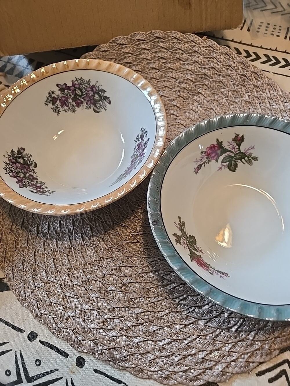 2 Yamatsu Japan Soup Rice Bowl 7" Floral Gold Green Peach Trim Purple Red Flowe